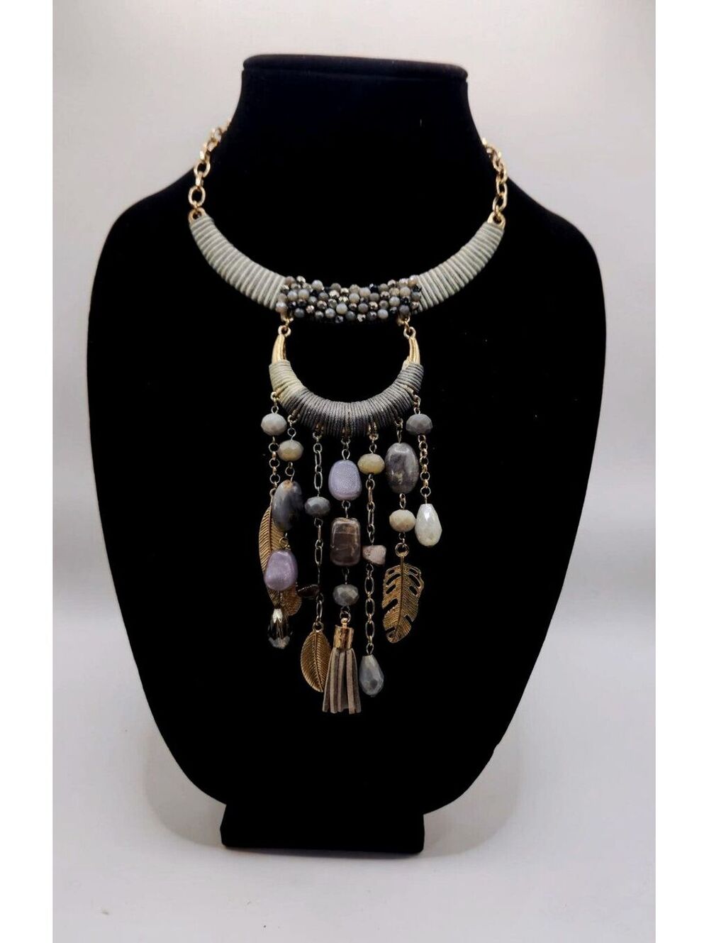 Gold Tone Statement Necklace Gray Wrapped Thread Feathers & Stones